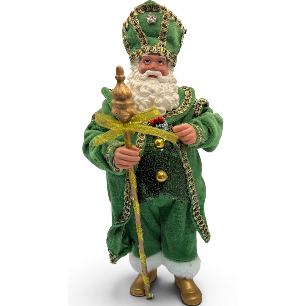 Vintage Saint Nicholas Bishop Santa Figurine Green Robe Velvet Gold Trim 12"